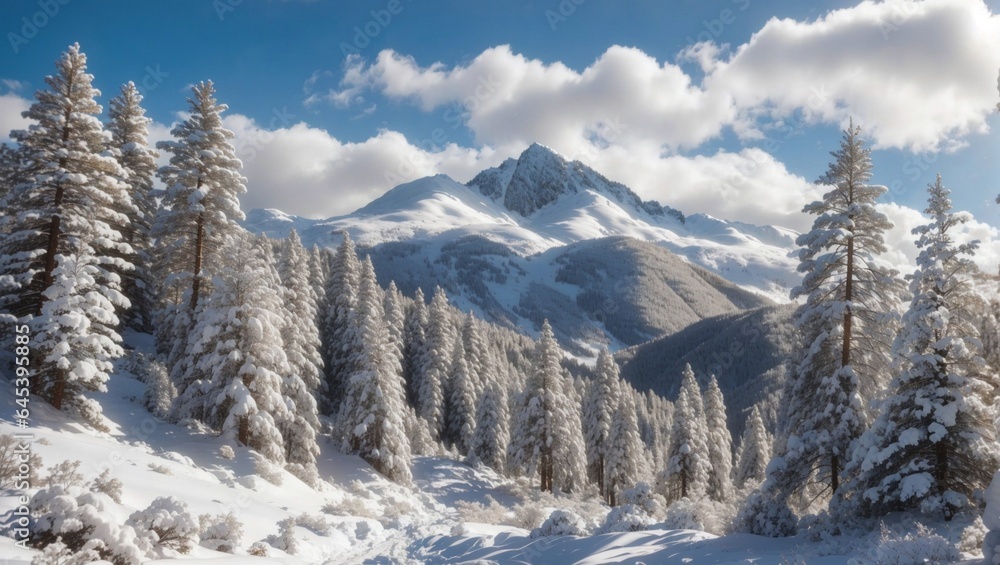 snow covered trees and mountains in winter