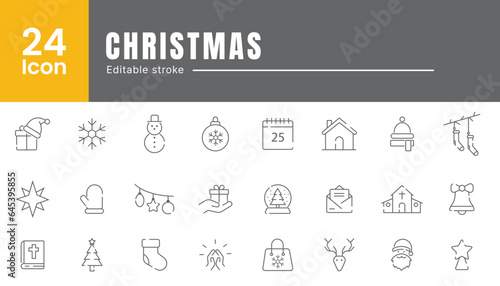 Set of web icons in line style. Christmas icons for web and mobile app. Hat, calendar, holly, outline, star, angel, balloon, checklist, ETC.
