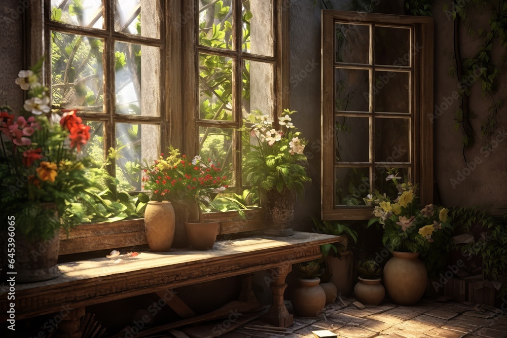 Free Window in old fashioned house with flowers Generative AI
