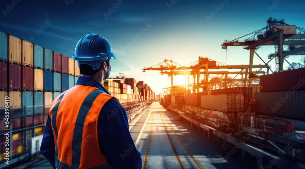 Logistics engineer control at the port, loading containers for trucks ...
