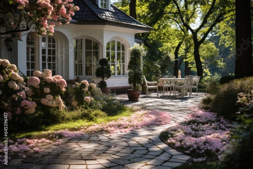 Blossoming flowers in a garden, beautiful villa in the garden.