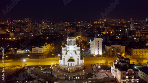 Yekaterinburg, Russia - March 23, 2020: Temple on the Blood. Night city in the early spring, Aerial View