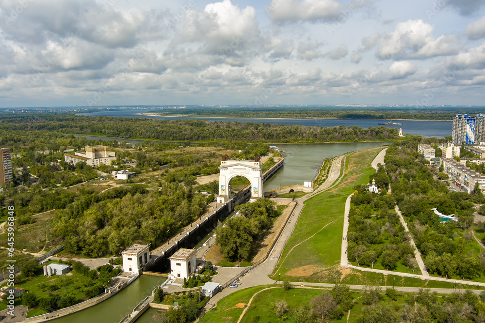 Volgograd, Russia. Volga-Don Canal. First gateway. Aerial view
