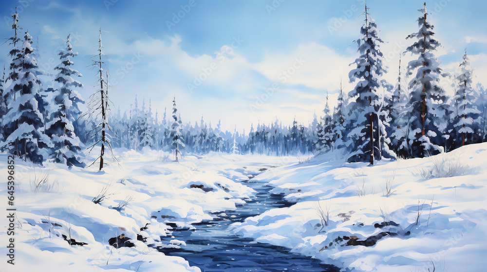 Obraz premium Breathtaking view of a forest covered with snow during sunset in norway. Generative Ai