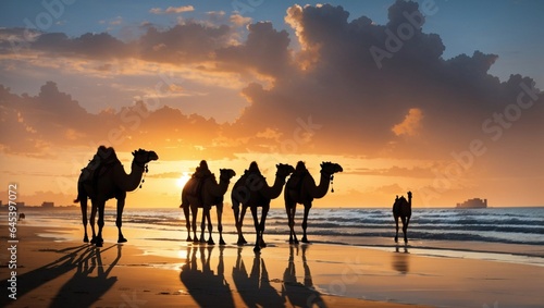 A shilhouettes camel on the beach