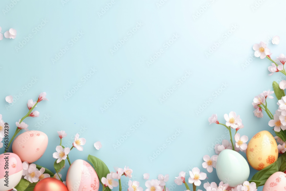 Blue Easter background with spring flowers and eggs with space for text.