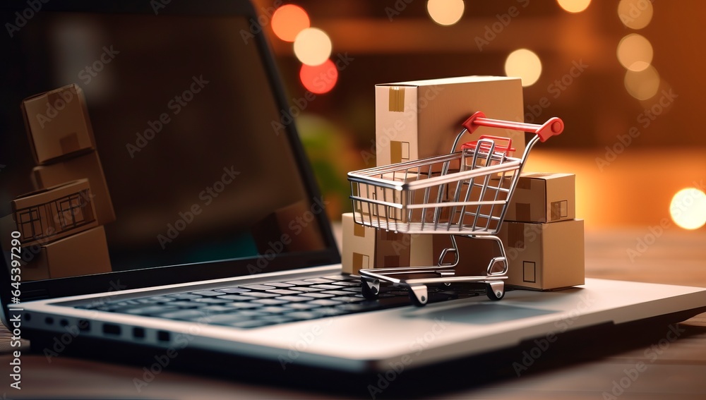 miniature shopping cart standing in front of laptop. Online shopping concept