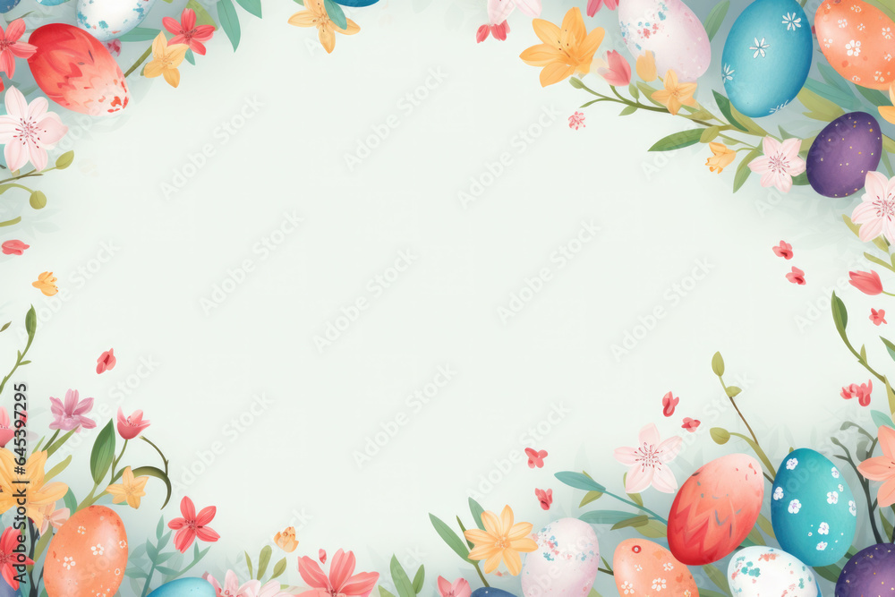 Spring Easter frame with eggs and flowers in pastel colors. Space for text. - obrazy, fototapety, plakaty 