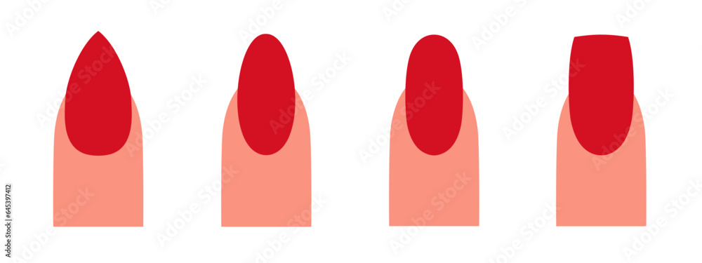 Different kinds of nail shapes. Manicure Guide. Nail manicure. Vector flat illustration Different kinds of nail shapes. Manicure Guide. Nail manicure. Vector flat illustration