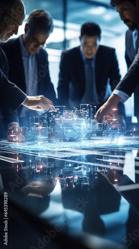 group of businessman has meeting with hologram, futuristic technology and board of directors concept, generative AI