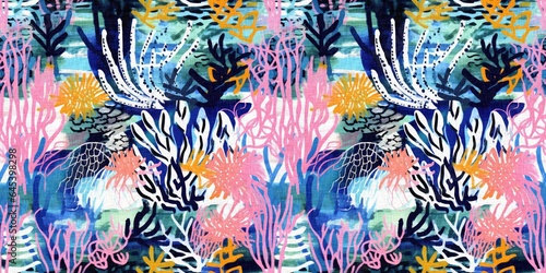 Fototapeta Naklejka Na Ścianę i Meble -  Tropical modern coastal pattern clash fabric coral reef border print for summer beach textile designs with a linen cotton effect. Seamless trendy underwater kelp and seaweed ribbon edge background