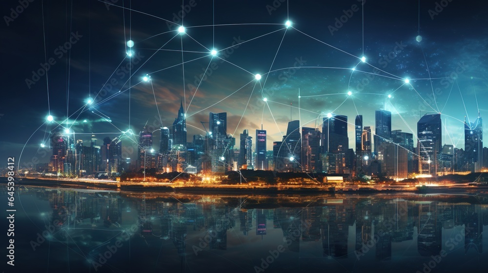 Fototapeta premium communication and network in big city, data exchange in modern world concept, generative AI