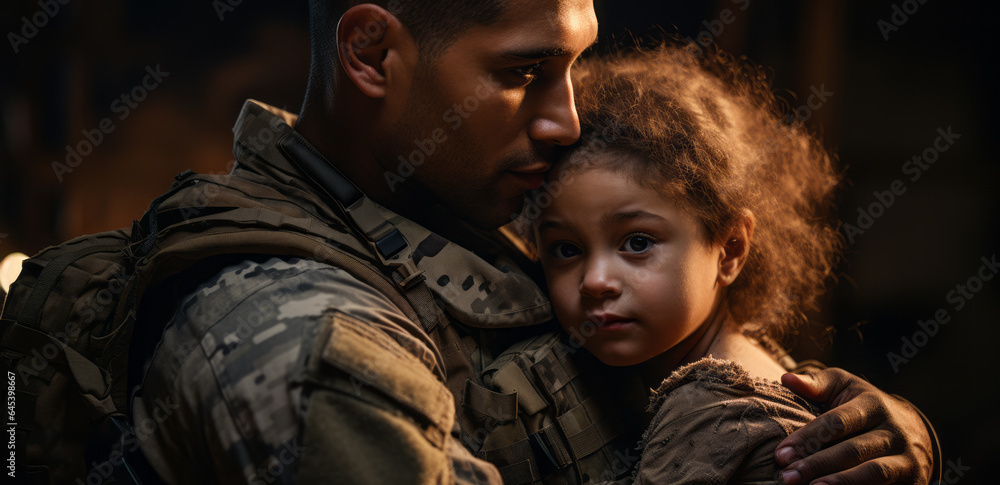 Veterans Day. A soldier and his daughter. Daddy daughter time. Father's day. Daddy's little girl. Separation. Unconditional love. Protection. Care. Sacrifice.  