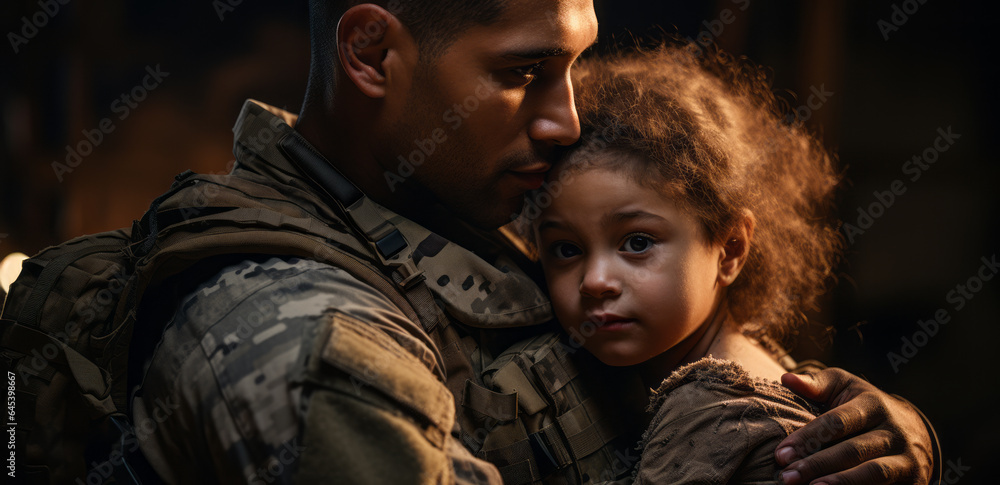 Fototapeta premium Veterans Day. A soldier and his daughter. Daddy daughter time. Father's day. Daddy's little girl. Separation. Unconditional love. Protection. Care. Sacrifice. 