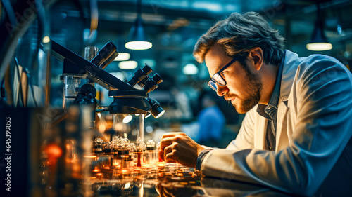 A scientist in a laboratory, peering through a microscope, his hands steady, focused on discovering the mysteries of the microscopic world. Microscopic Exploration - The Scientist's Domain.