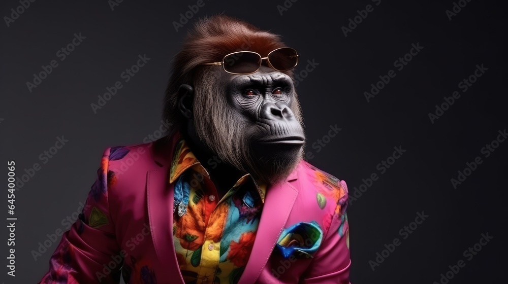 fashion photo. stylish gorilla posing in bright modern clothing and sunglasses in the studio fashion photo. stylish gorilla posing in bright modern clothing and sunglasses in the studio