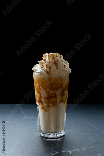 milk, caramel, sugar, whipped cream, smoothie, ice cream, smoothie, cafe, on black background