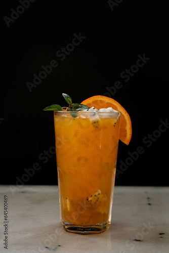Freshly squeezed orange juice, mixed orange juice, dragon fruit, ice, cold drinks, cafe menu, black background