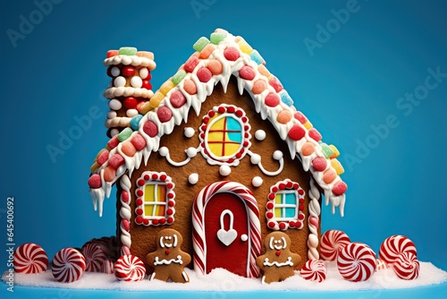 Gingerbread house made of candy and sweets. Christmas food and decoration. Generative Ai