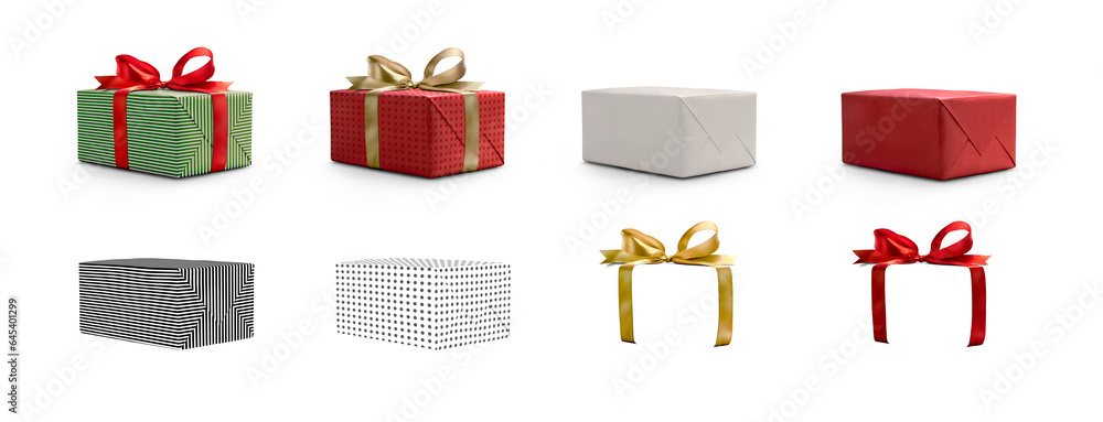 A collection of Christmas, birthday and valentines presents with individual ribbon, bow and pattern elements to create different colour combinations isolated against a transparent background..
