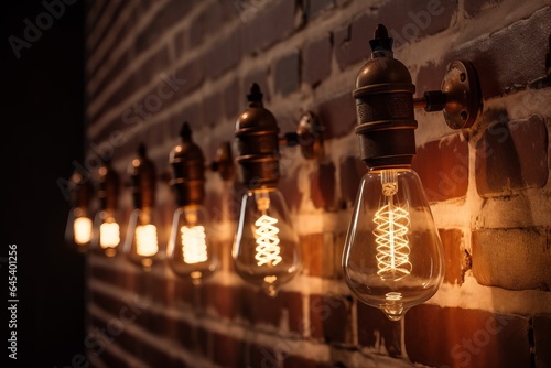 A row of vintage light bulbs hanging on a rustic brick wall