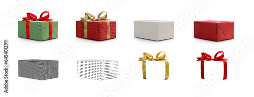Obraz na płótnie A collection of Christmas, birthday and valentines presents with individual ribbon, bow and pattern elements to create different colour combinations isolated against a transparent background.. w salonie