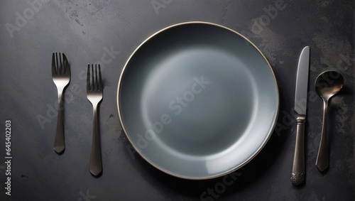 An empty plate with spoon on black background