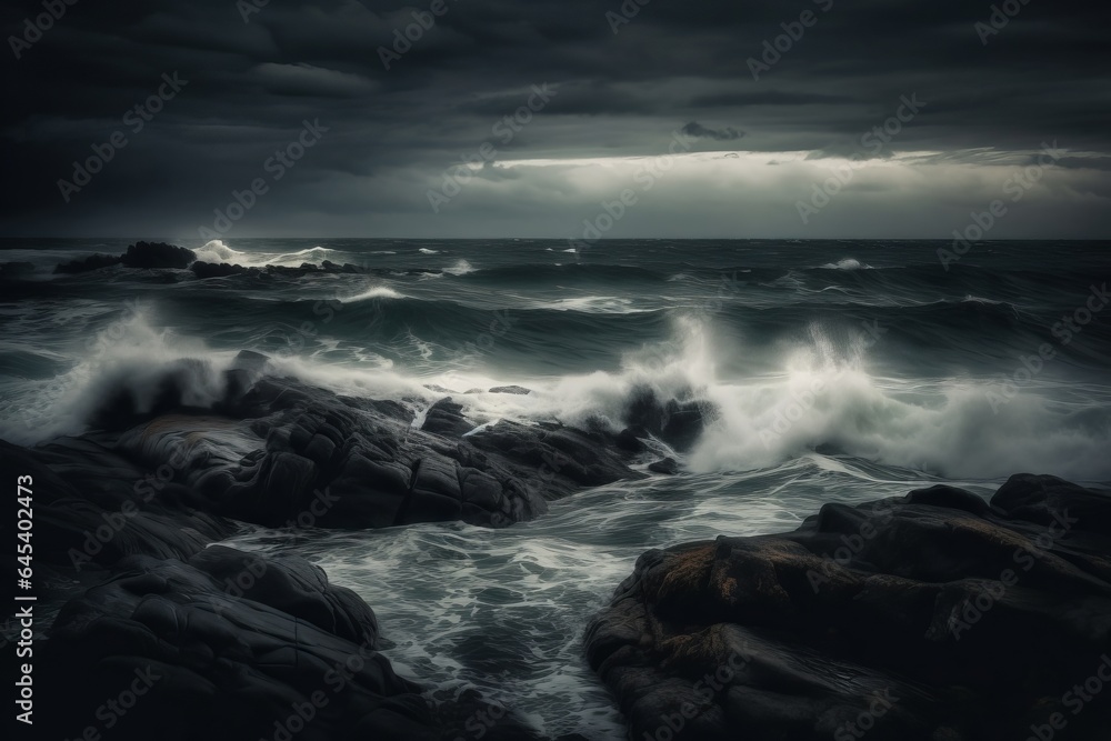 Waves crashing on rocks in black and white