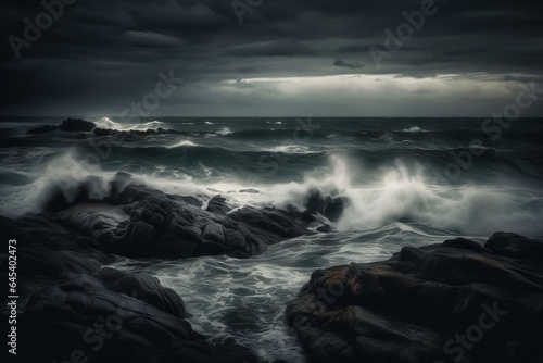 Waves crashing on rocks in black and white