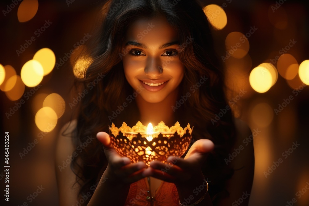 Beautiful Indian girl holding diya on Diwali festival night Beautiful Indian girl holding diya on Diwali festival night