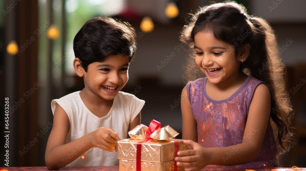 Cheerful Indian brothers and sisters exchange gift boxes during the Raksha Bandhan festival. Cheerful Indian brothers and sisters exchange gift boxes during the Raksha Bandhan festival.