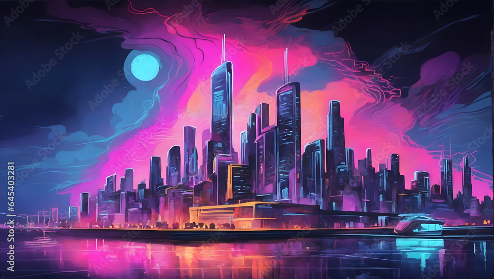 A surrealist painting of a cityscape, with a bright, neon light illuminating the buildings.