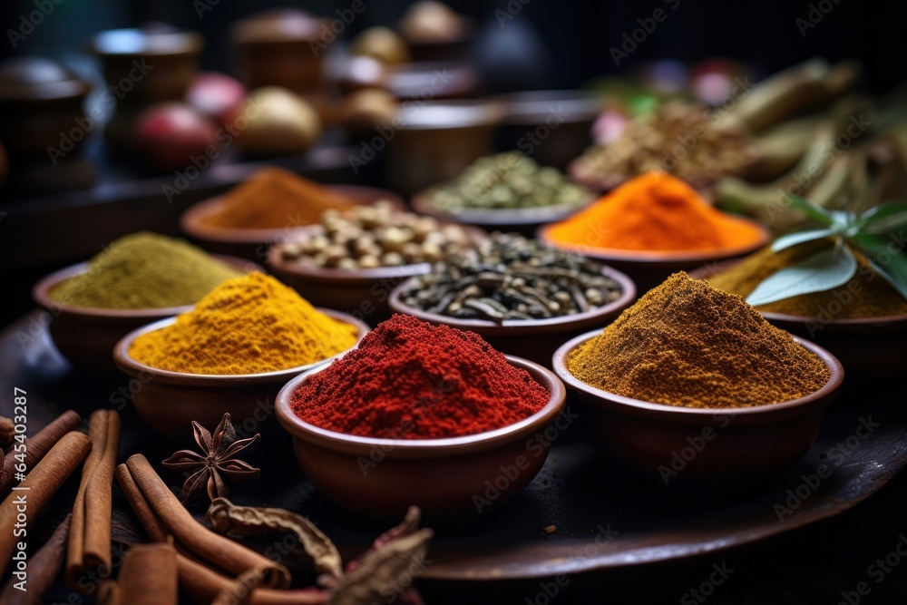 Colorful spices for gar masala Food ingredients for gar masala Indian spices mixed with powder