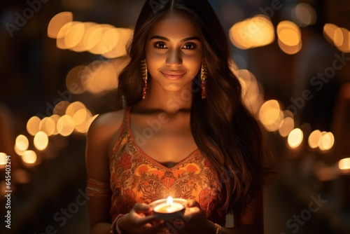 Beautiful Indian girl holding diya on Diwali festival night