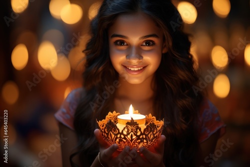Beautiful Indian girl holding diya on Diwali festival night