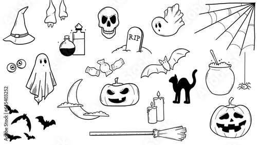 Set of hand drawn halloween illustrations. Spooky ghosts, pumpkins, potions, witch, cat, bat, cauldron, skull, spider and web to bring some fun to your artwork.