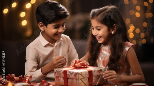 Cheerful Indian brothers and sisters exchange gift boxes during the Raksha Bandhan festival.