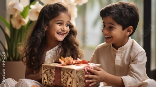 Cheerful Indian brothers and sisters exchange gift boxes during the Raksha Bandhan festival.