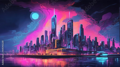 A surrealist painting of a cityscape, with a bright, neon light illuminating the buildings. © robiul