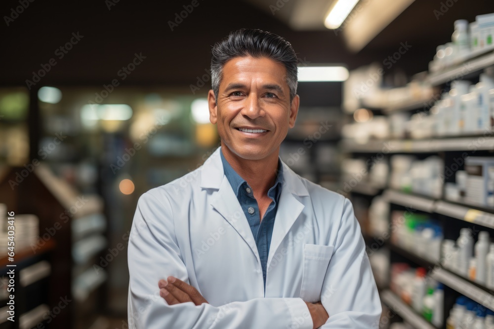 Fototapeta premium Happy Asian Indian male pharmacist standing in pharmacy