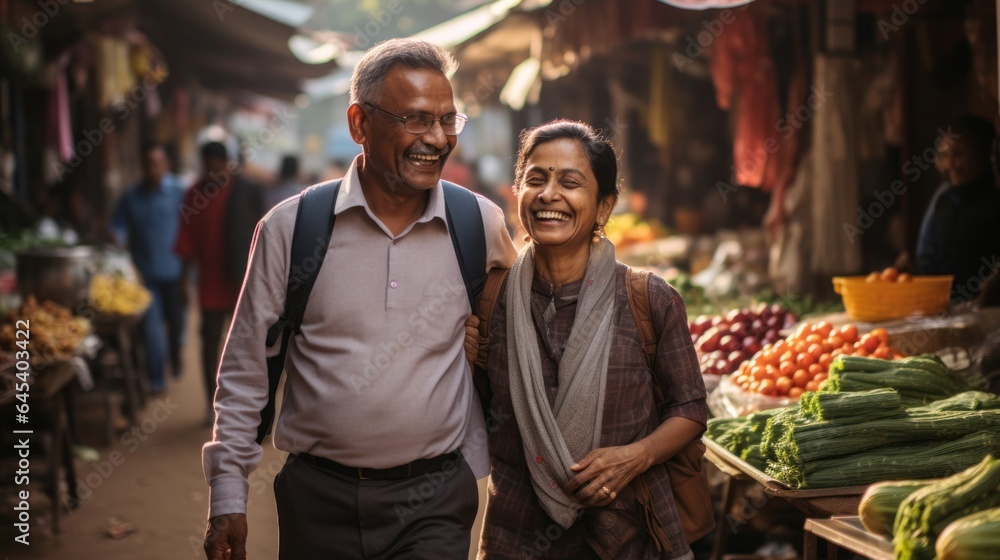 Happy Indian couple walking in a local Indian market Happy Indian couple walking in a local Indian market