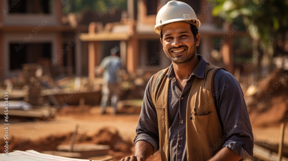 Indian civil engineer working Posing in front of a house under construction Indian civil engineer working Posing in front of a house under construction