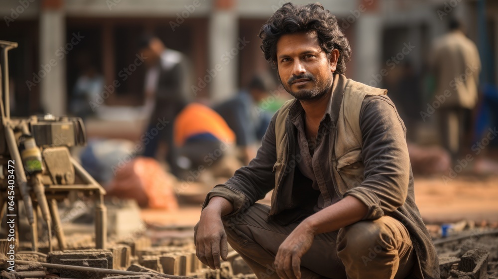 Indian civil engineer working Posing in front of a house under construction