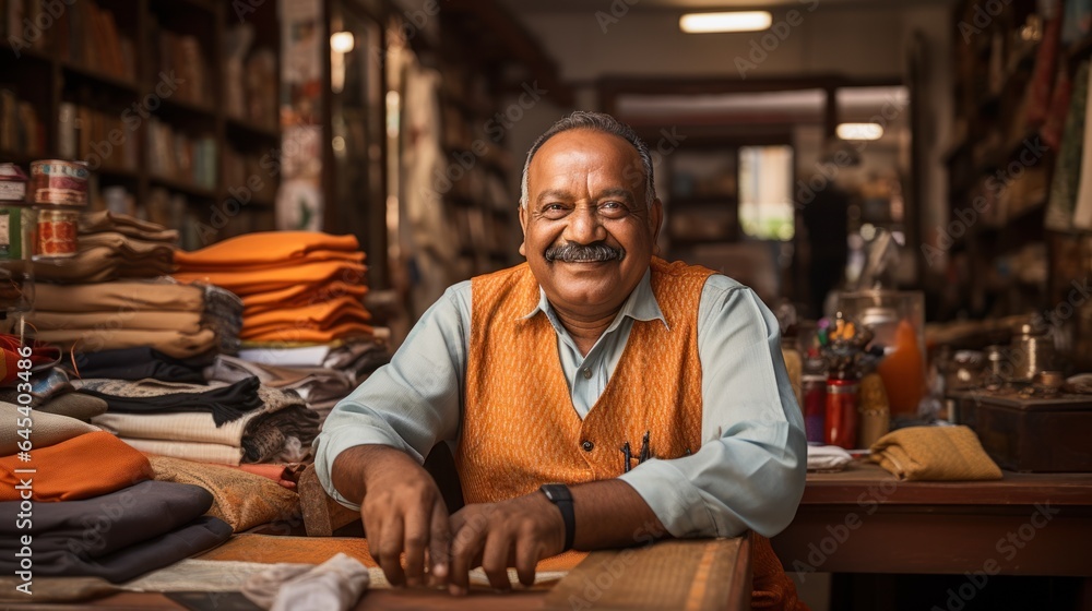 Happy Indian cloth merchant or clothing store owner sitting in shop looking at camera - obrazy, fototapety, plakaty 