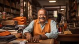 Happy Indian cloth merchant or clothing store owner sitting in shop looking at camera