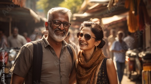 Happy Indian couple walking in a local Indian market