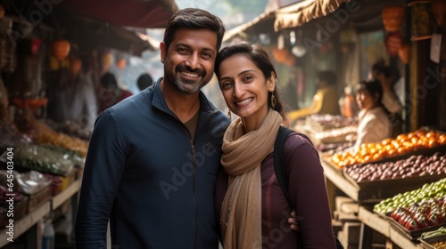 Happy Indian couple walking in a local Indian market