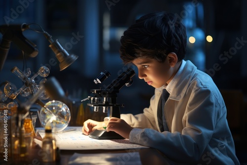 Indian boy with chemistry experiment and microscope Asian boy with a microscope and doing chemistry