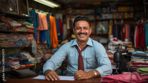 Happy Indian cloth merchant or clothing store owner sitting in shop looking at camera © sirisakboakaew