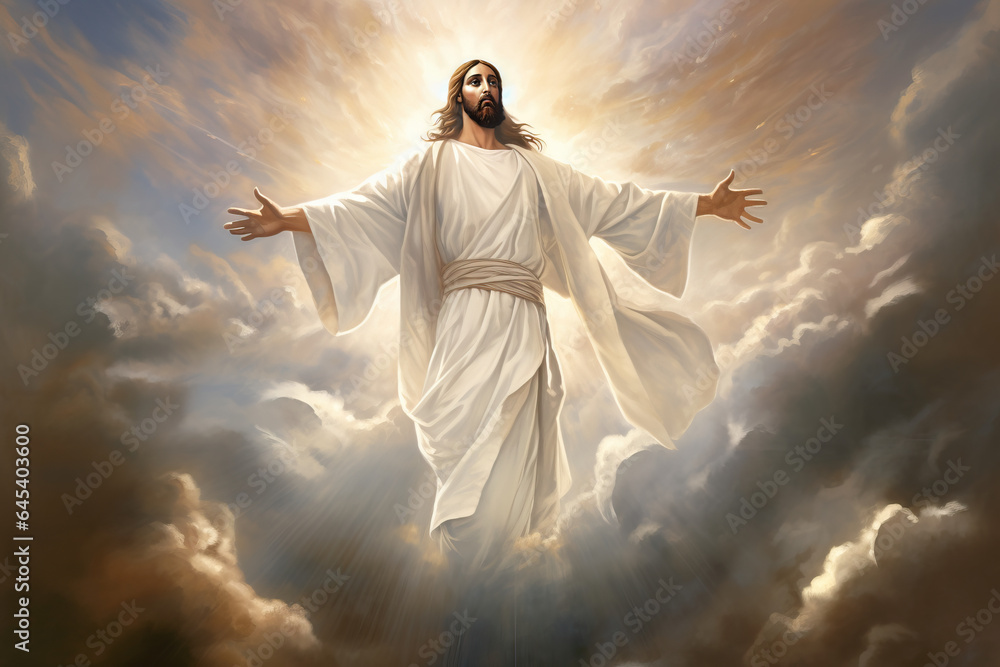 Painting illustration of Jesus Christ our Saviour, in a white robe coming from heaven above into his kingdom with arms out wide and light and clouds Painting illustration of Jesus Christ our Saviour, in a white robe coming from heaven above into his kingdom with arms out wide and light and clouds